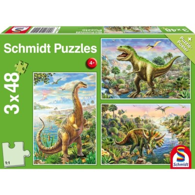 Puzzle Schmidt: Aventurile dinozaurilor, Set de 3 x 48 piese + Cadou: poster foto