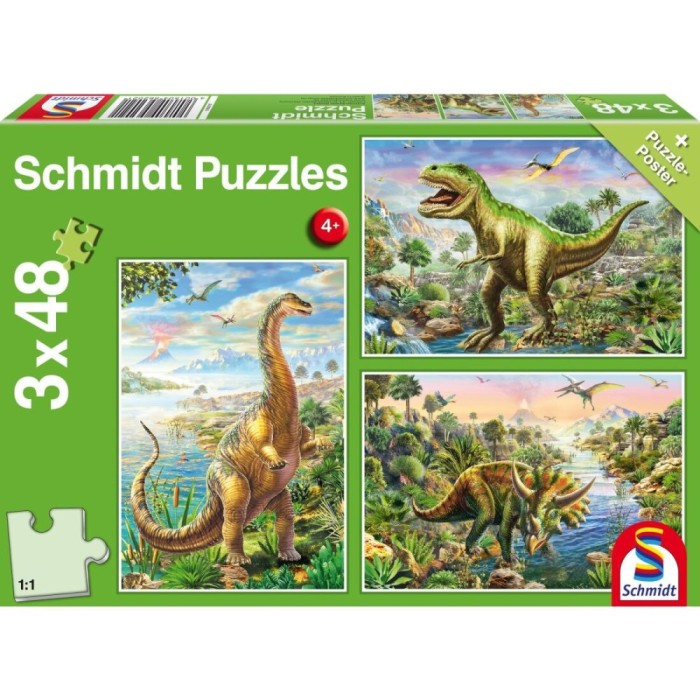 Puzzle Schmidt: Aventurile dinozaurilor, Set de 3 x 48 piese + Cadou: poster