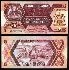 UGANDA █ bancnota █ 5 Shillings █ 1987 █ P-27 █ UNC █ necirculata