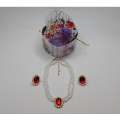 Set colier, cercei placat cu aur de 14K din perle artificiale cu imitație de pietre prețioase culoare rosu