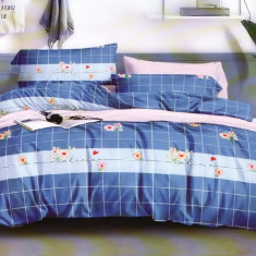 Lenjerie de pat pentru o persoana cu husa elastic pat si fata perna dreptunghiulara, Malina, bumbac mercerizat, multicolor