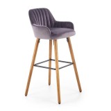 Scaun bar bucatarie HM H93, tapitat cu stofa tip catifea, cadru lemn, suport picioare, spatar ergonomic, 100 kg, gri