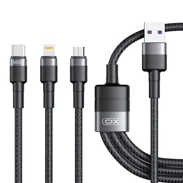 Cablu Incarcare USB-A - Lightning / microUSB / USB-C XO Design NB-Q191 3in1, 66W, 1.2m, Negru