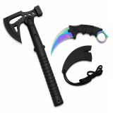 Cumpara ieftin Set topor otel inoxidabil si Cutit-Karambit, Rainbow Star DEPOX&reg;, negru/multicolor, 42 cm/18.5 cm, teaca inclusa