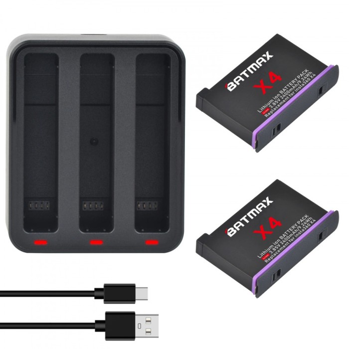 Set 2 acumulatori 2400mAh + incarcator triplu camere actiune Insta360 X4