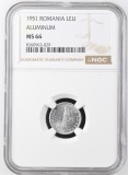 Romania, 1 Leu 1951 MS 66 NGC, second top pop