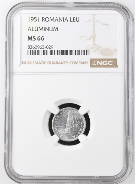 Romania, 1 Leu 1951 MS 66 NGC, second top pop