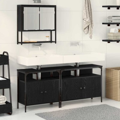 Set Mobiler Baie 3 Piese Negru de Stejar Lemn Prelucrat foto