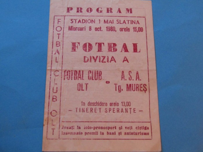 Program meci fotbal FC OLT - ASA TARGU-MURES (08.10.1980)