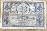 BNKSTR03DE Bancnotă Veche Germania 20 Mark 1915 (Reichsbanknote), Primul Război Mondial, Detaliu Statui, Colecție / Numismatică