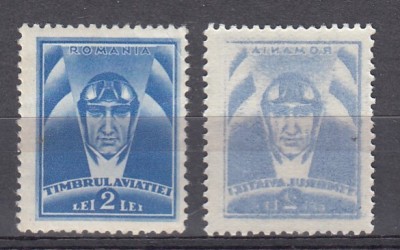 ROMANIA 1932 TIMBRUL AVIATIEI PILOT EROARE 2 LEI ALBASTRU ABKLATSCH STARE MNH foto