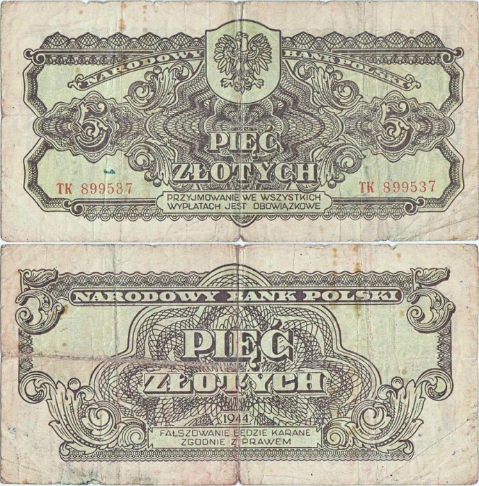 1944 , 5 złotych ( P-109a ) - Polonia