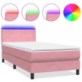 Cumpara ieftin Pat cu arcuri cu saltea si LED, roz, 80x220 cm, catifea