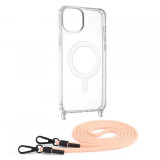 Husa transparenta Apple iPhone 15 Plus cu snur Roz Techsuit MagSafe Crossbody