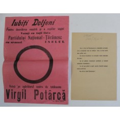 AFIS ELECTORAL SI FLUTURAS AL CANDIDATULUI VIRGIL POTARCA , PARTIDUL NATIONAL - TARANESC , ZONA DOLJ , INTERBELIC