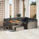 Set de canapele de grădină vidaXL cu 12 piese și perne gri din ratan sintetic, Set de mic mobilier de grădină vidaXL cu 3 piese și perne gri din ratan