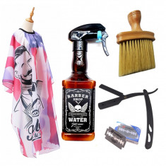 Set complet frizerie barber pulverizator sticla Whisky brici metalic barbershop foto