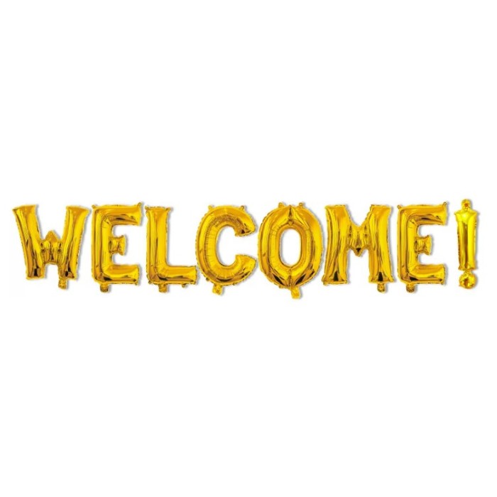 Set baloane din folie metalizata, flippy, model welcome!, litere de 40 cm, baloane party, ambalaj individual, pai inclus, umflare cu aer sau heliu, au