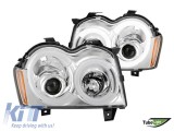 Set de faruri de tuning cu lumini LED potrivit pentru Jeep Grand Cherokee 2005-2008 cu baza cromata, stanga si dreapta Performance AutoTuning