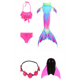 Set 5 piese Costum de baie Sirena THK, include top, slip, coada sirena, coronita cu flori, si Inotatoarea pentru fixarea cozii, Rosu/Albastru, 150 cm