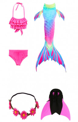 Set 5 piese Costum de baie Sirena THK, include top, slip, coada sirena, coronita cu flori, si Inotatoarea pentru fixarea cozii, Rosu/Albastru, 150 cm foto