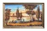 Cumpara ieftin Tablou inramat peisaj apus de soare cu pescari norocosi pictat manual, 110x70cm ulei pe panza Constantin Feraru