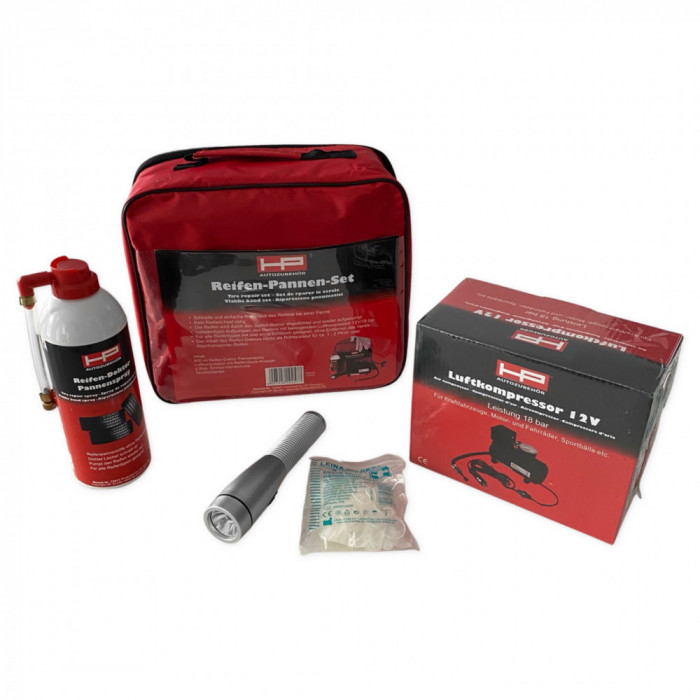 Kit Compresor Auto + Spray Reparat Anvelope + Lanterna + Manusi HP Autozubehor 10257
