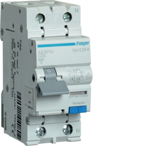 Siguranta diferential 20A 1P+N C 30mA 6Ka Hager AD970J