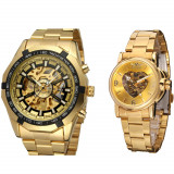 Set ceas barbatesc + ceas dama Winner Mecanic automatic Auriu Skeleton Otel inoxidabil