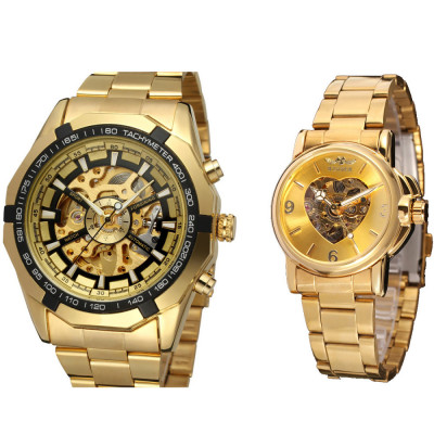 Set ceas barbatesc + ceas dama Winner Mecanic automatic Auriu Skeleton Otel inoxidabil foto