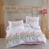 Cumpara ieftin Lenjerie pat dublu,bumbac ranforce,4 piese,alba roz cu flori,Roselin-A1352