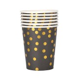 Set 10 pahare, flippy, imprimeu cu buline, din carton, 250 ml, 7.5 x 8.5 x 5.2 cm, negru/auriu