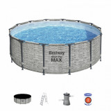 Piscina cadru metalic, diametru 427 cm, scara acces, husa protectie, design piatra, Bestway