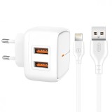 Incarcator Retea cu cablu Lightning XO Design L61, 2 X USB, 2.4A, Alb