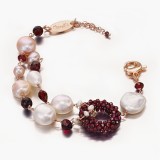 Cumpara ieftin Brățară Damă Perle Cultură &amp; Granat Fațetat Argint 925 Placat Aur Roz, Reglabilă 19-23cm, Bijuterie Handmade Italia