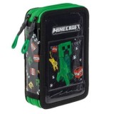 Penar dublu cu model 3D Minecraft, Negru și Verde, 12.5x4x19.5cm, Set complet de accesorii, CMCLASS