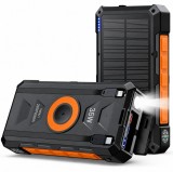 Baterie externa solara 20000mAh Linomag&reg;, Incarcare rapida USB-C 35W, Incarcare wireless 15W, 2 cabluri integrate, 3 Porturi USB, Panou solar, Lantern