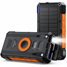 Baterie externa solara 20000mAh Linomag&reg;, Incarcare rapida USB-C 35W, Incarcare wireless 15W, 2 cabluri integrate, 3 Porturi USB, Panou solar, Lantern