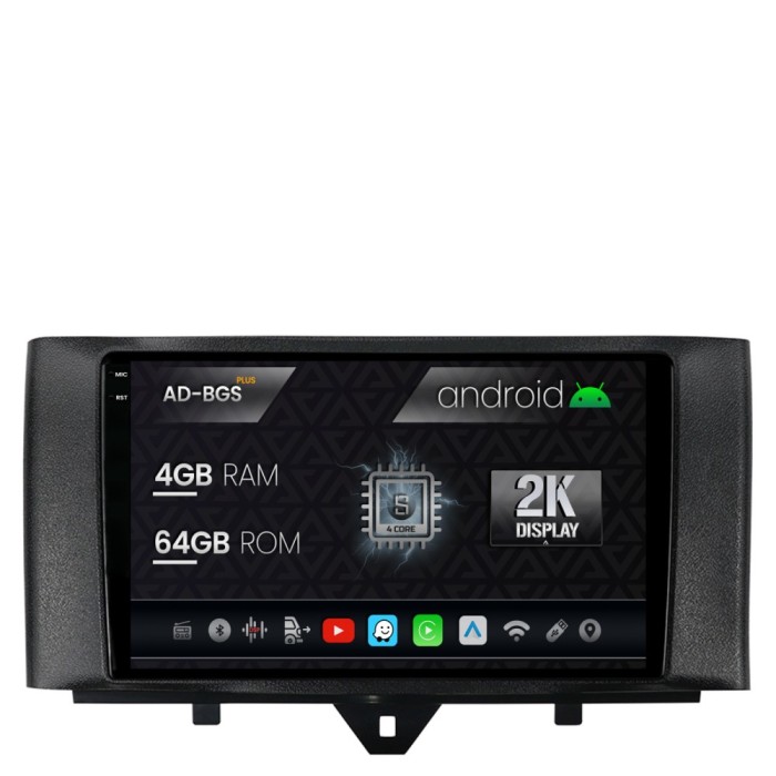 Navigatie 2K Smart Fortwo (2010-2015), Android OS, S-Quadcore 4GB RAM + 64GB ROM, 9.5 Inch - AD-BGS90042K+AD-BGRKIT409