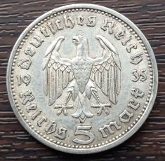 (A762) MONEDA DIN ARGINT GERMANIA - 5 MARK 1935, LIT. A, PAUL VON HINDENBURG