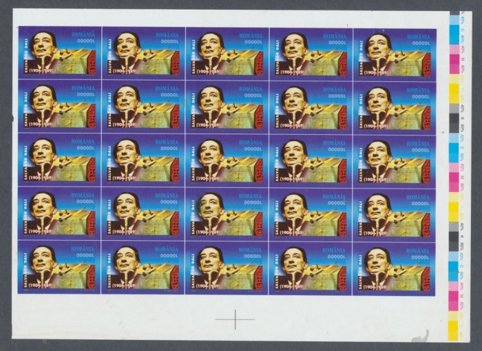ROMANIA 2004 probe de tipar colita 25x eseu timbru S Dali hartie mai groasa alba