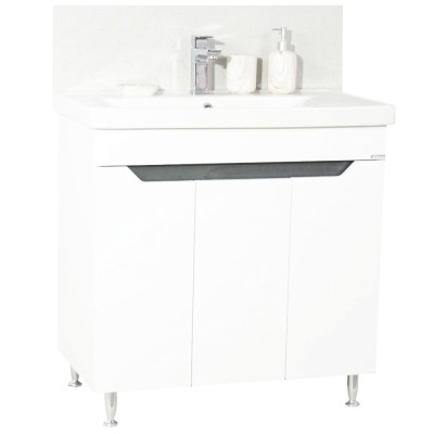 Baza si lavoar ceramic GN7561, mobilier baie stativ 80 cm, circular, front MDF, 3 usi, 2 rafturi, picioare cromate reglabile, alb antracit foto