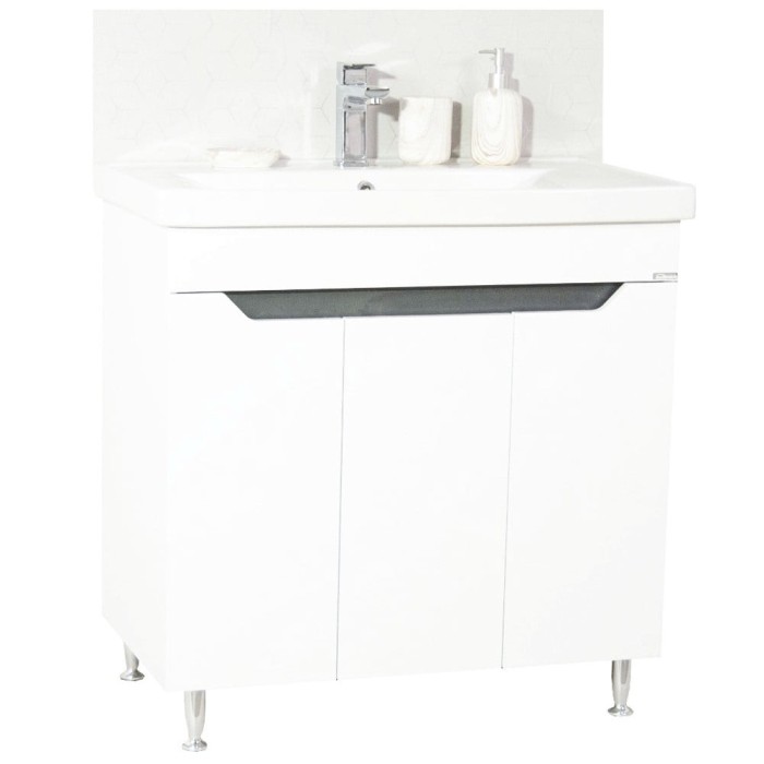 Baza si lavoar ceramic GN7561, mobilier baie stativ 80 cm, circular, front MDF, 3 usi, 2 rafturi, picioare cromate reglabile, alb antracit