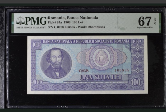 100 lei 1966 PMG67 UNC bancnota gradata