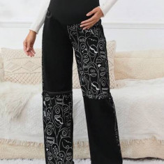 Blugi largi cu imprimeu si talie elastica, Maternity, negru