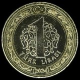 TURCIA 1 LIRA 2024 , Bimetal - grosime 1,67 mm , KM 1575 , a UNC / UNC, Asia, Cupru-Nichel