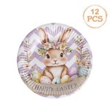 Farfurii de Petrecere din Carton, Set 12 buc, Alb si Lila, Model Iepure si Oua, &Oslash;18cm, CMCLASS