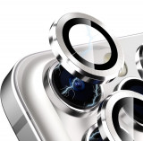 Sticla de protectie camere cu cadru din aluminiu pentru iPhone 15 Plus, Argintiu
