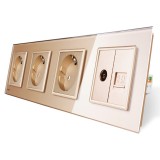 Priza cvadrupla - 3 x priza simpla + 1 x priza TV / internet Livolo VL-C7-C4EU/VC-13, incastrat, contact de protectie, rama din sticla inclusa, auriu