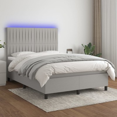vidaXL Pat cu arcuri, saltea și LED, gri deschis, 140x190 cm, textil 3135029 foto